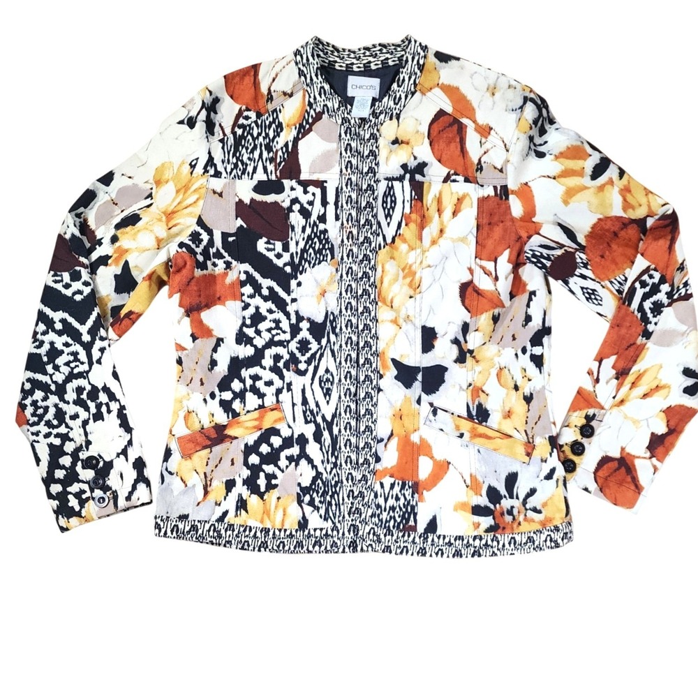 Chico's Jacket Women Size 1‎ Hook & Eye Closure Patchwork Floral Print Lined